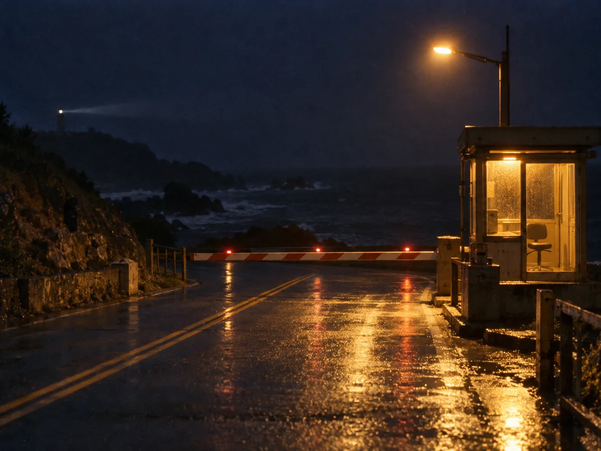 A lit toll booth on a wet coast road at night.