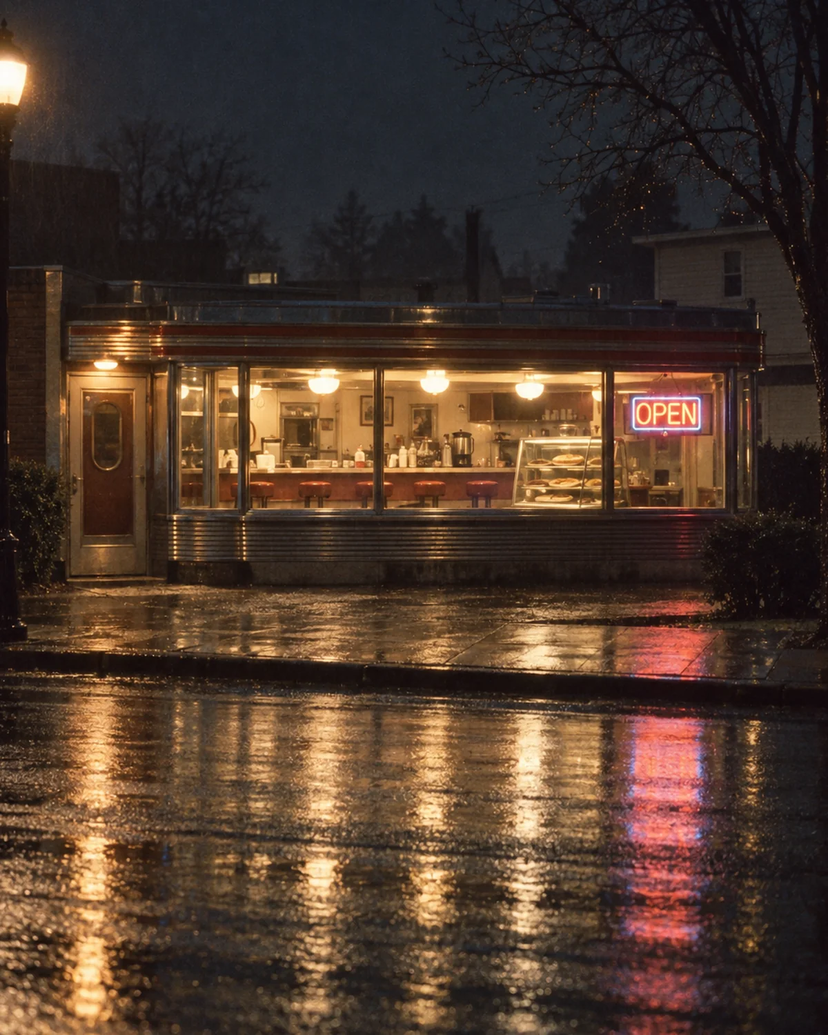 An all-night diner window at three in the morning: empty stools, a lit counter, the street wet outside.