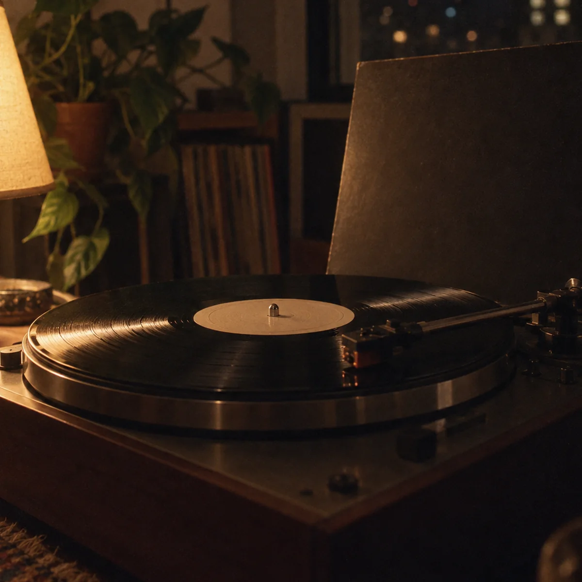 A record on a turntable in a dim room.
